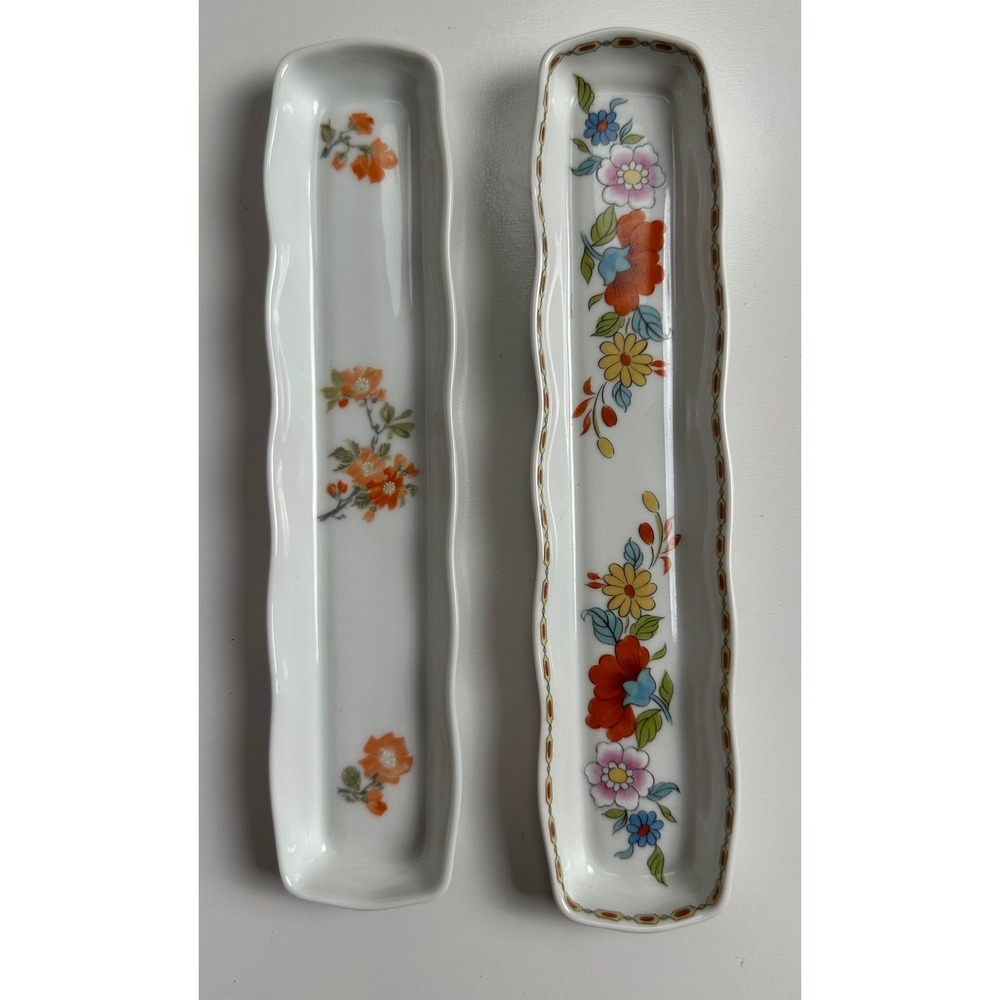 Limoges France Porcelain Floral Trinket Trays Set of 2 White Multi 8.75x1.5 Inch